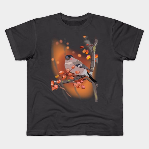 Cute Eurasian Bullfinch Bird with berries Kids T-Shirt by nuwandafoer